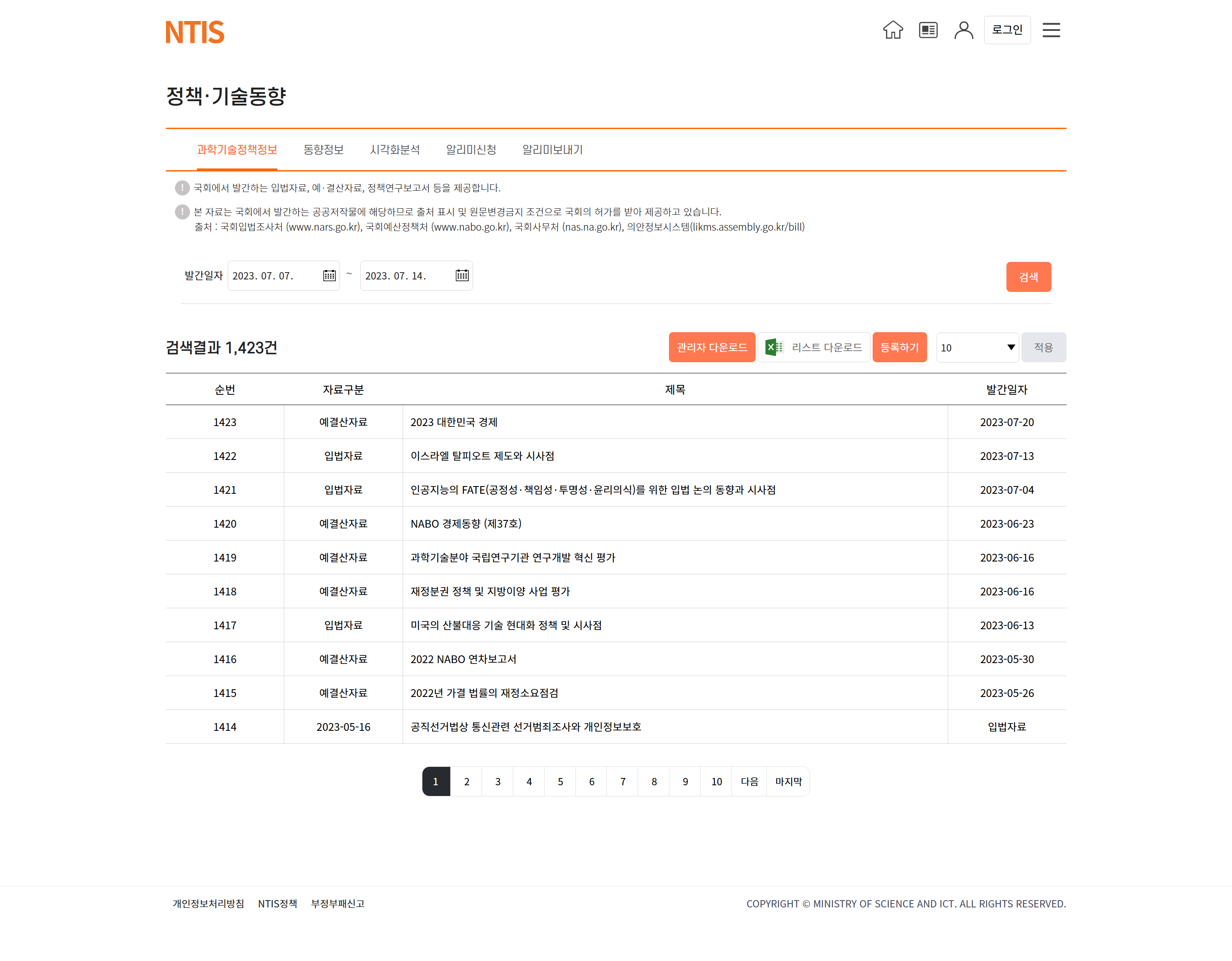 정책 기술동향 게시판 및 검색 UI